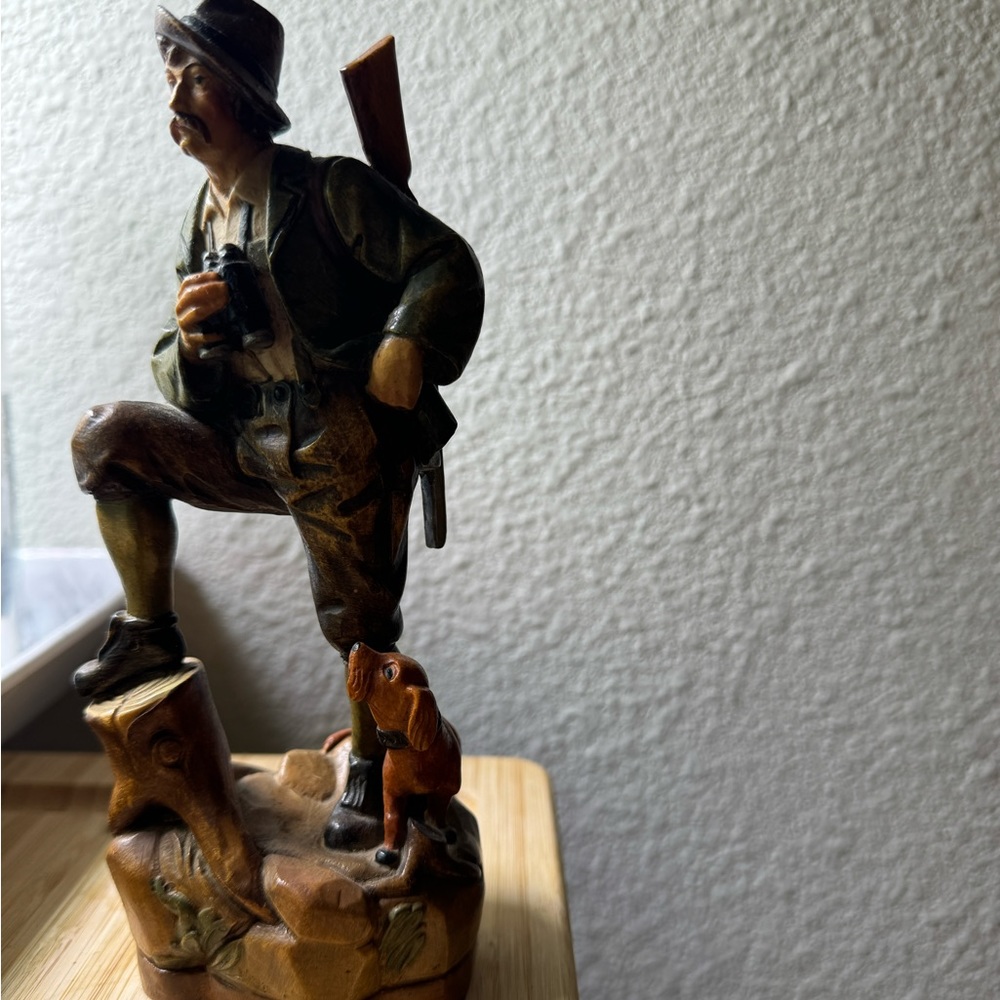 Carved Wood Man Hunter with Pipe Gun and Dog